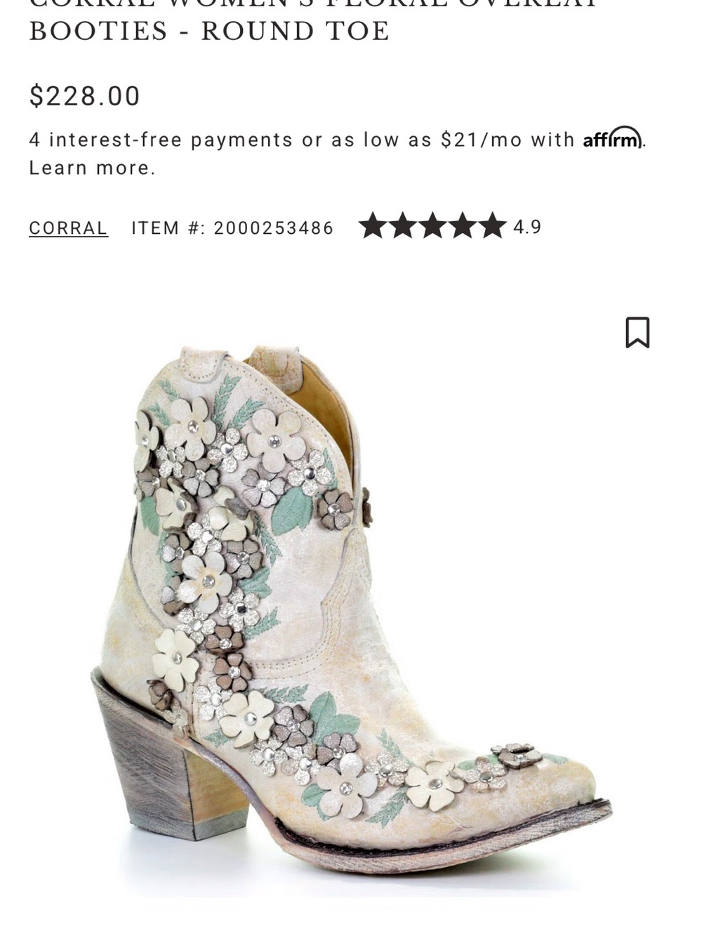 Corral Cream Floral Appliqué Round Toe Heeled Bootie
